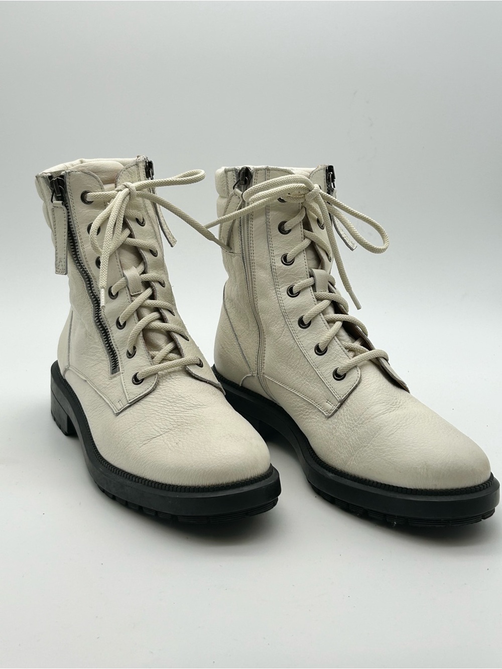 Aquatalia Off-White Lace-Up Leather Combat Booties with Black Lug Sole